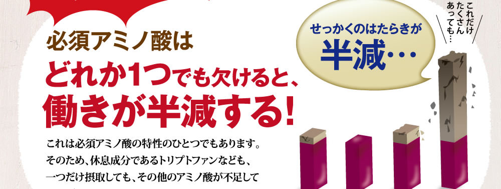 必須アミノ酸は一つでも欠けると働きが半減する