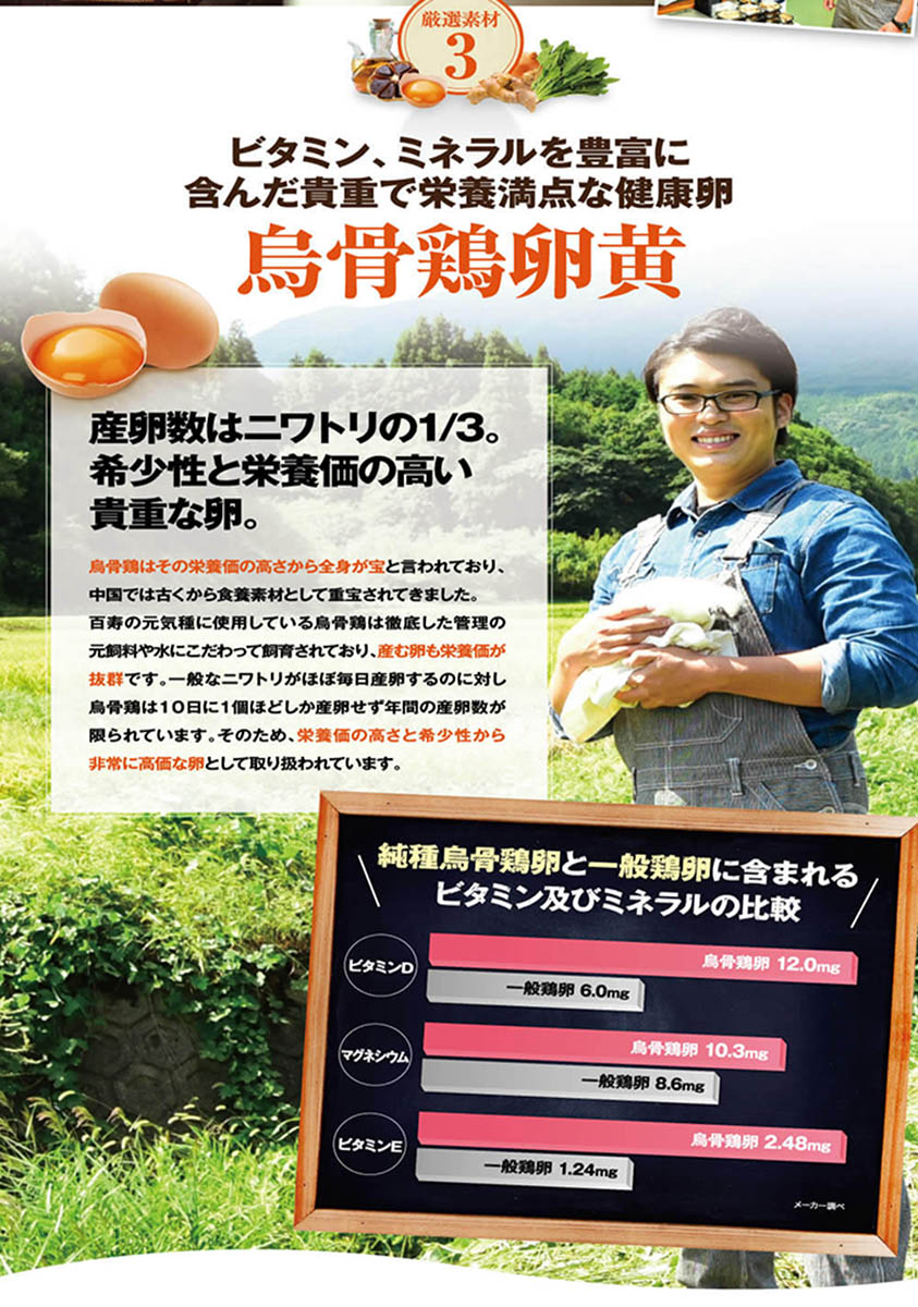 ビタミン、ミネラルが豊富。産卵数も少なく高価で貴重な烏骨鶏卵黄