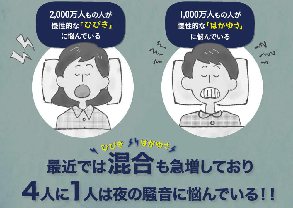 いびき人口は2000万人。歯ぎしり人口は1000万人。混合型も増えてきている。