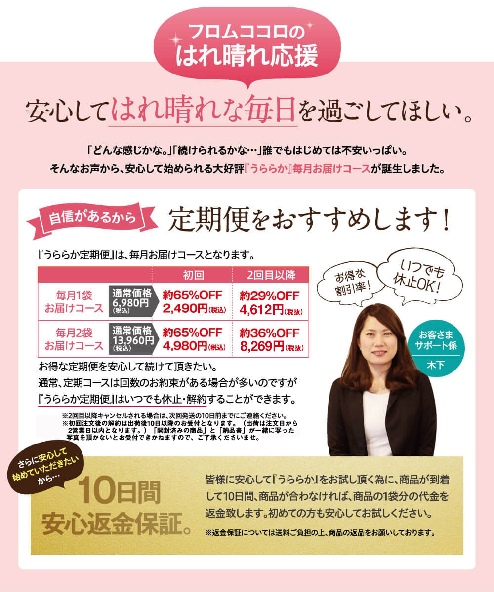 フロムココロの晴れ晴れ応援！安心して晴れ晴れな毎日を過ごしてほしい。自信があるから定期便をおすすめします。「うららか定期便」は毎月お届けコースとなります。