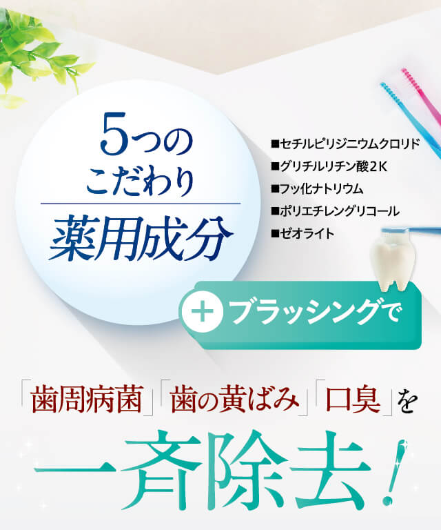 歯周病菌、歯の黄ばみ、口臭を一斉除去